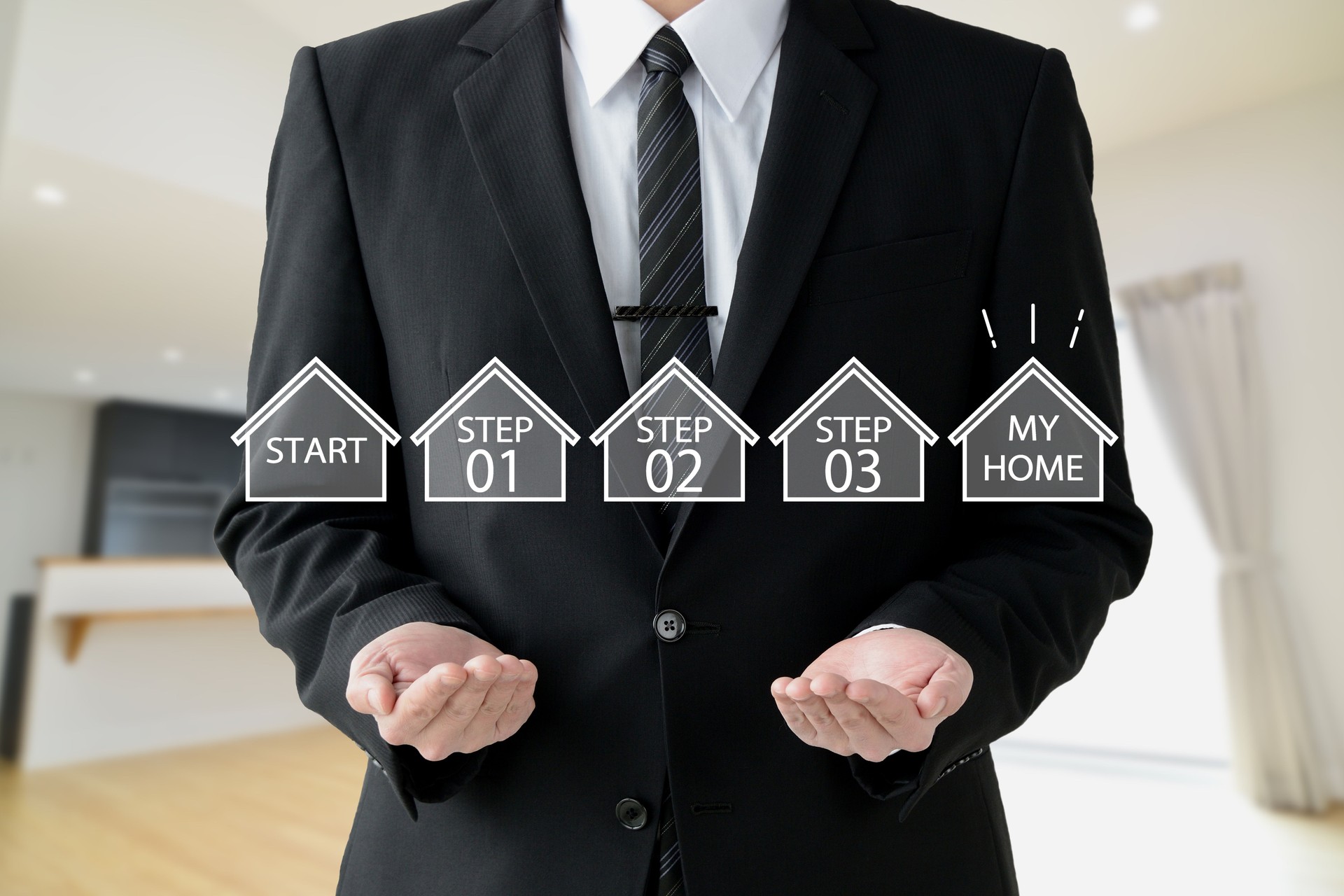 Businessman listing steps to owning new home